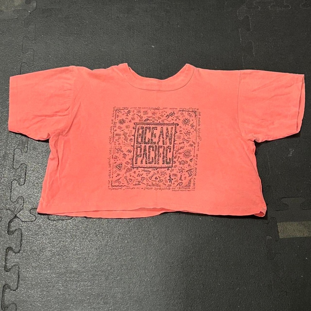 Vintage 80s Ocean Pacific Pink Salmon Cropped Tee Surf Wear OSFA PD003J01